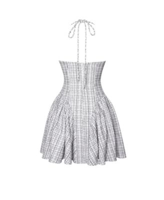 Women's Melody Black and White Plaid Tweed Halter Drop Waist Mini Dress