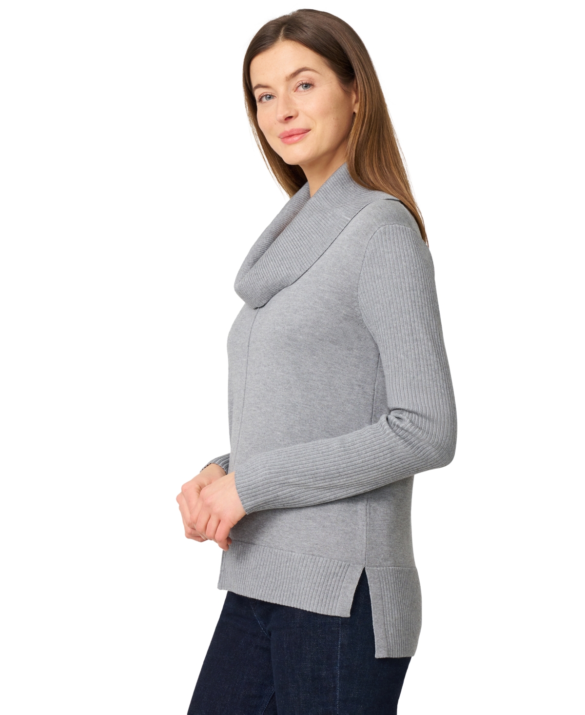 Melissa Paige Petite Cowlneck High-low Side-slit Sweater In Gray