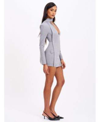 Women's Tahlia Deep V Pinstripes Gray Blazer Dress with scarf collar