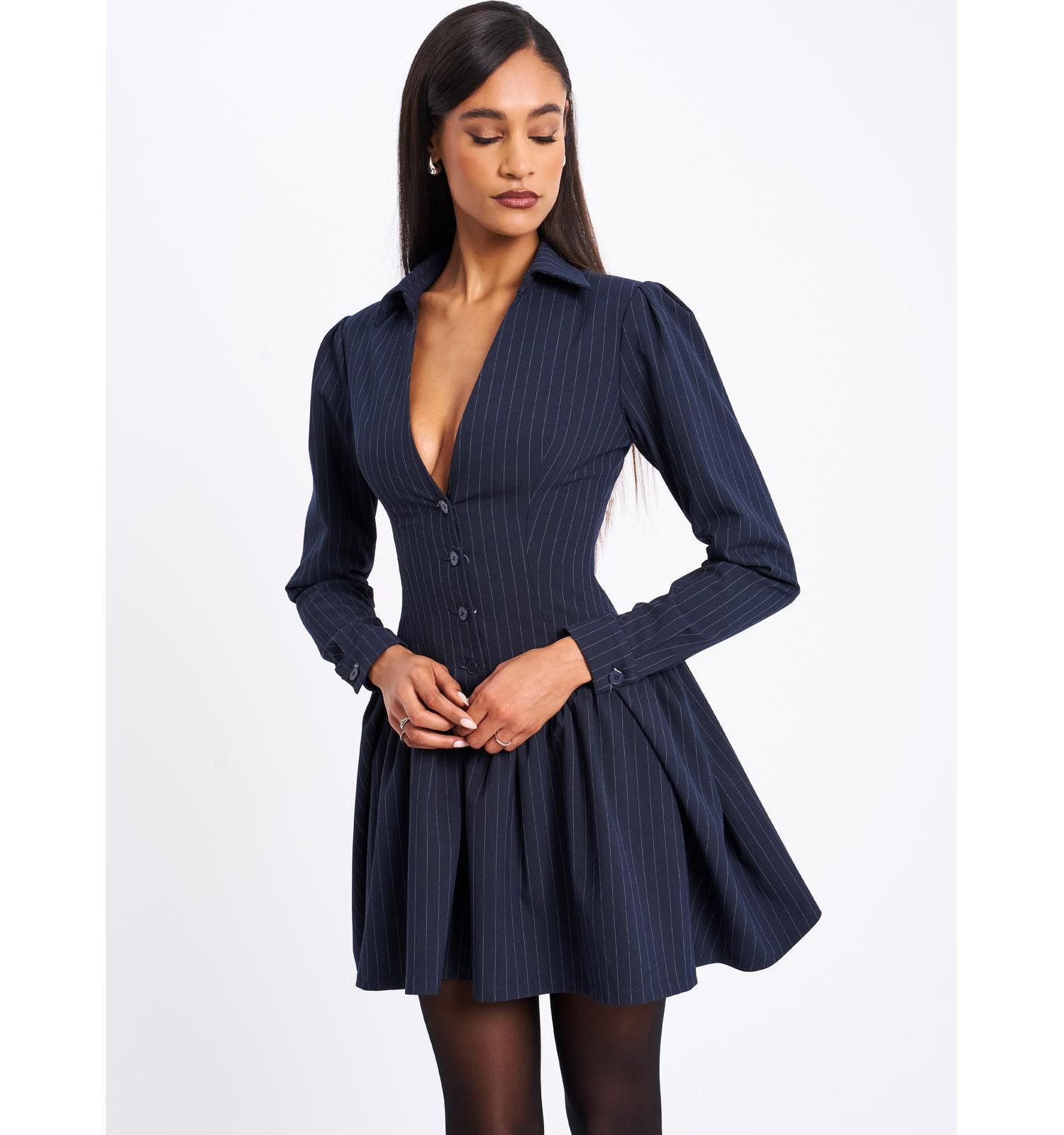 Women's Xabrina Navyblue Pinstripe Long Sleeve Shirt Mini Dress