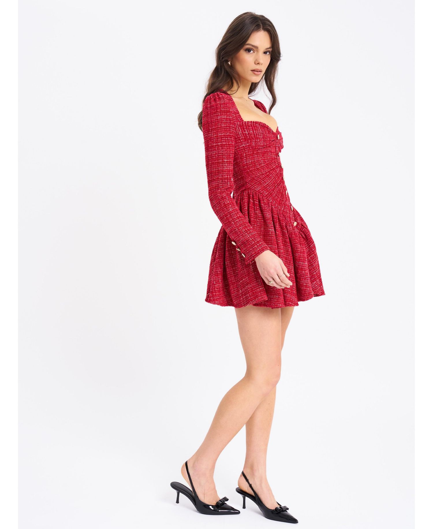Women's Tae Red Tweed Long Sleeve Drop Waist Mini Dress