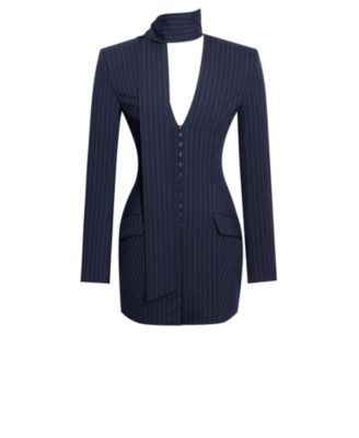 Women's Tahlia Deep V Pinstripes Navy Blue Blazer Dress with scarf collar