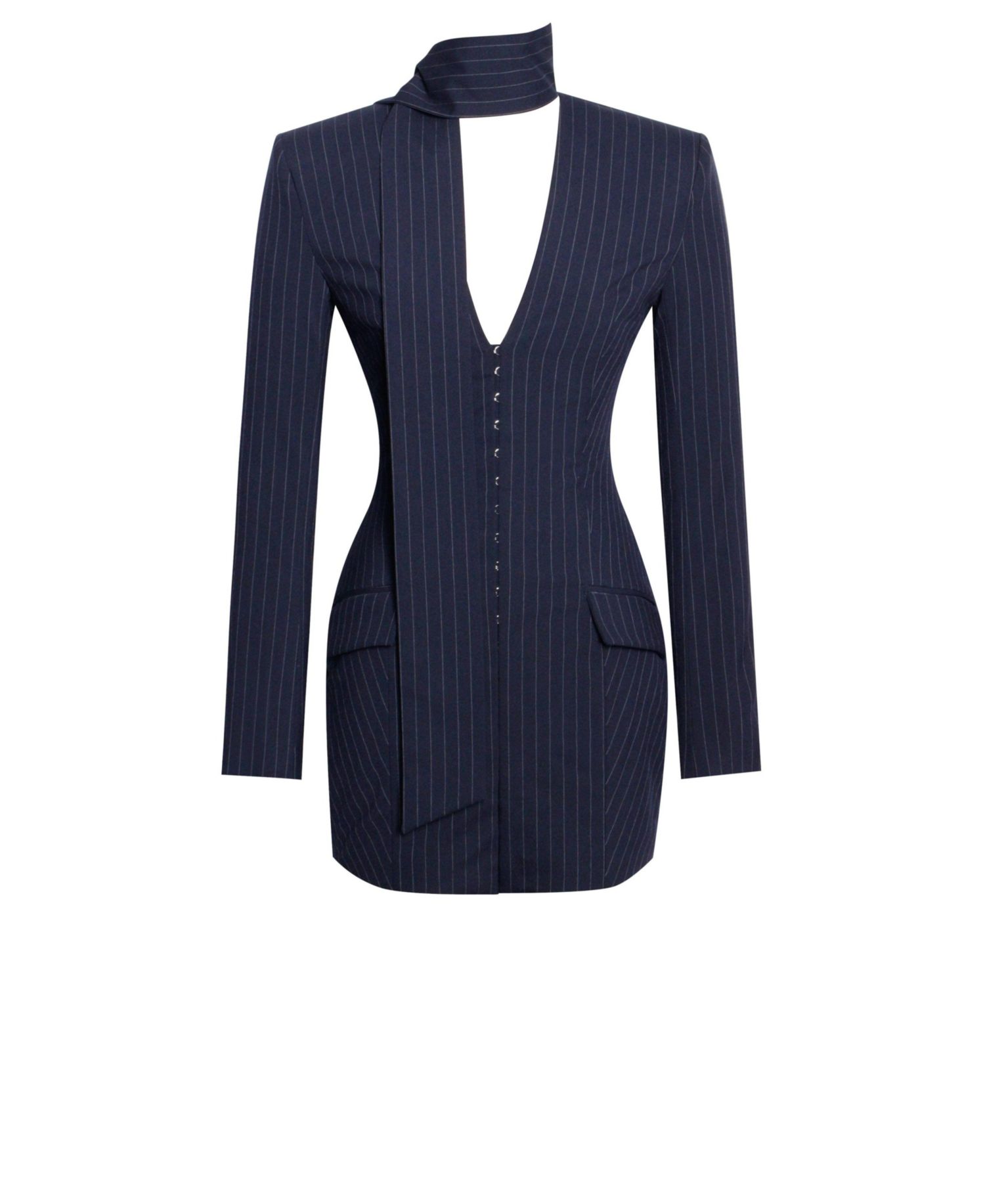 Women's Tahlia Deep V Pinstripes Navy Blue Blazer Dress with scarf collar