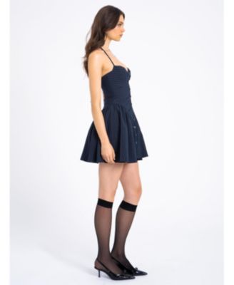 Women's Melody Navy Blue Pinstripe Halter Drop Waist Mini Dress