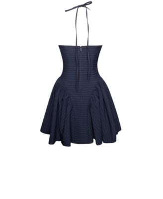 Women's Melody Navy Blue Pinstripe Halter Drop Waist Mini Dress