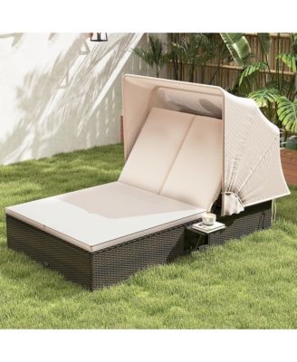 2-person Rattan Lounge Bed w/ Retractable Canopy 5-position Adjustable Backrest