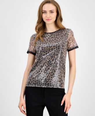 Anne Klein Womens Sequined Animal Print T Shirt P Xxs Xxl In Multi