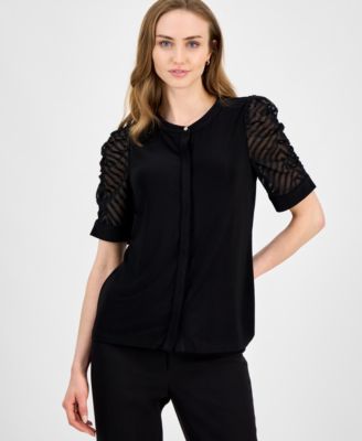 Anne Klein - Women's Mixed-Media Puffed-Sleeve Blouse