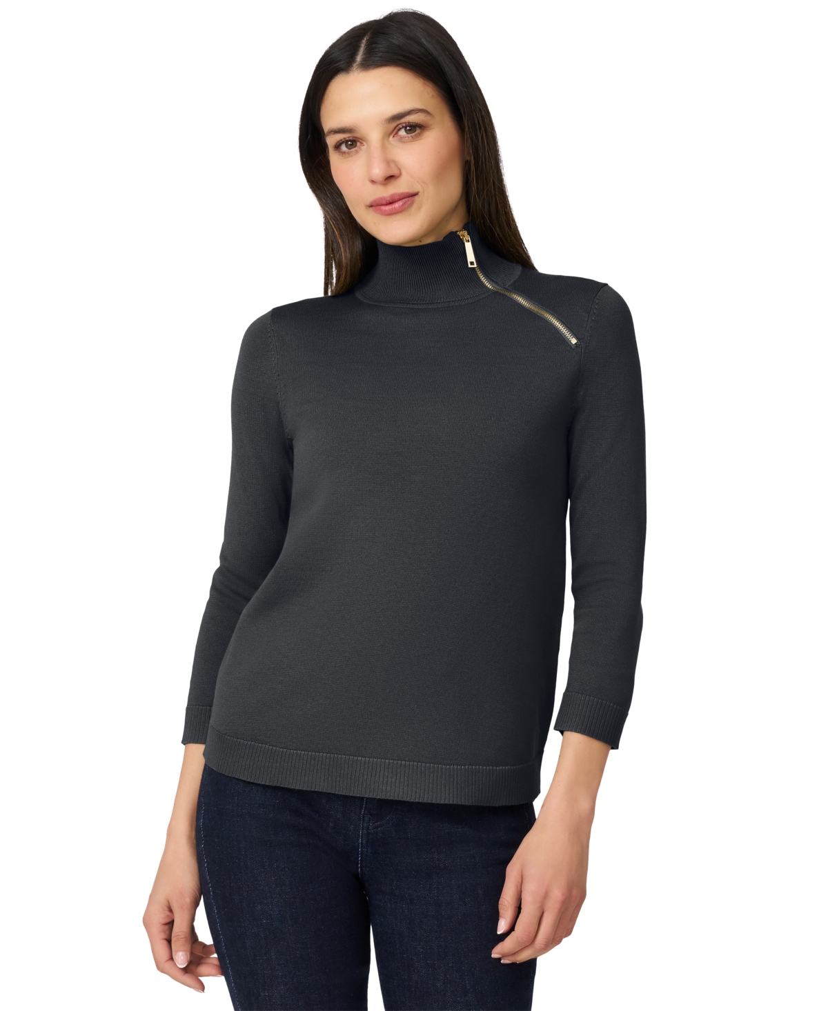 Petite Mock Neck Asymmetric-Zip Sweater - Angelfish