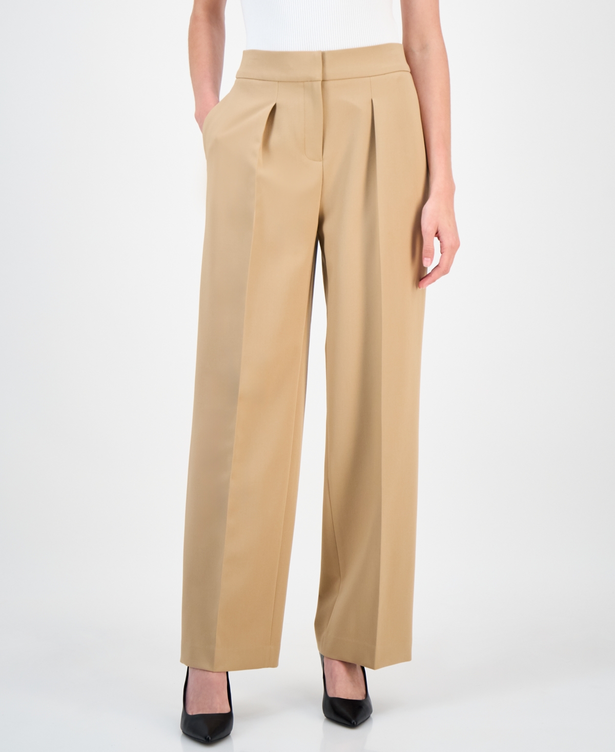 Anne Klein Womens High Rise Pleated Wide Leg Ultra Fine Twill Pants 0p 16 In Brown
