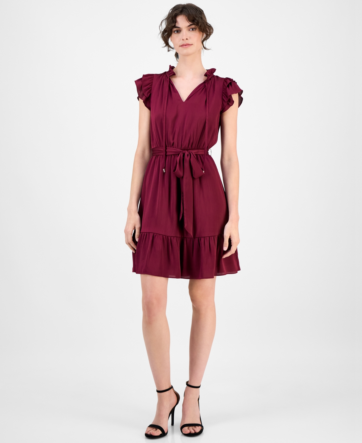 Women's Solid Tie-Waist Flutter-Sleeve Tiered Dress - Chianti