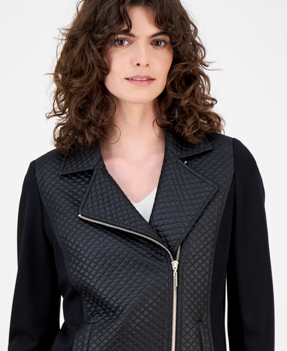 Anne Klein Womens Asymmetrical Mixed Media Moto Jacket P Xxs Xxl In Black