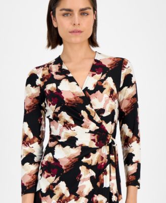 Petite Printed Faux-Wrap 3/4-Sleeve Dress