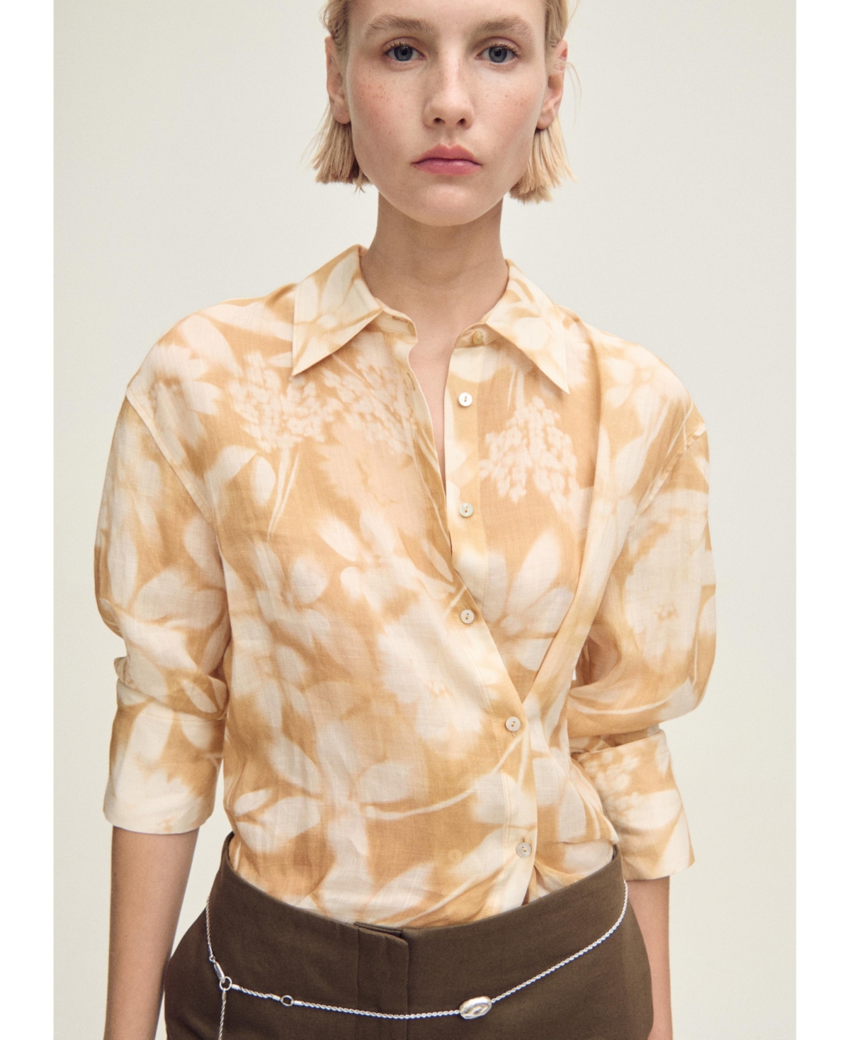 Women's Multi-Position Closure Floral Shirt - Mustard