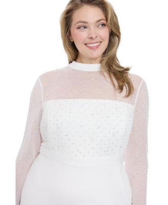 Plus Size Beaded Illusion Mock-Neck Midi Dress
