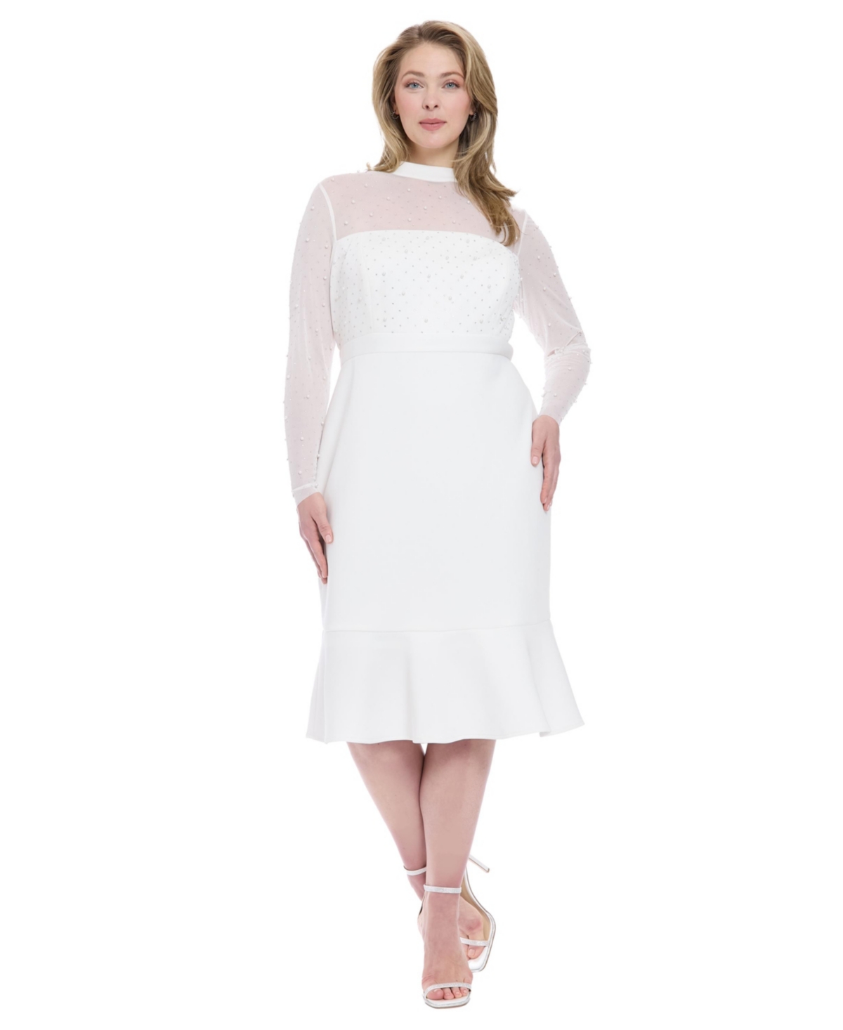 London Times Plus Size Beaded Illusion Mock-neck Midi Dress