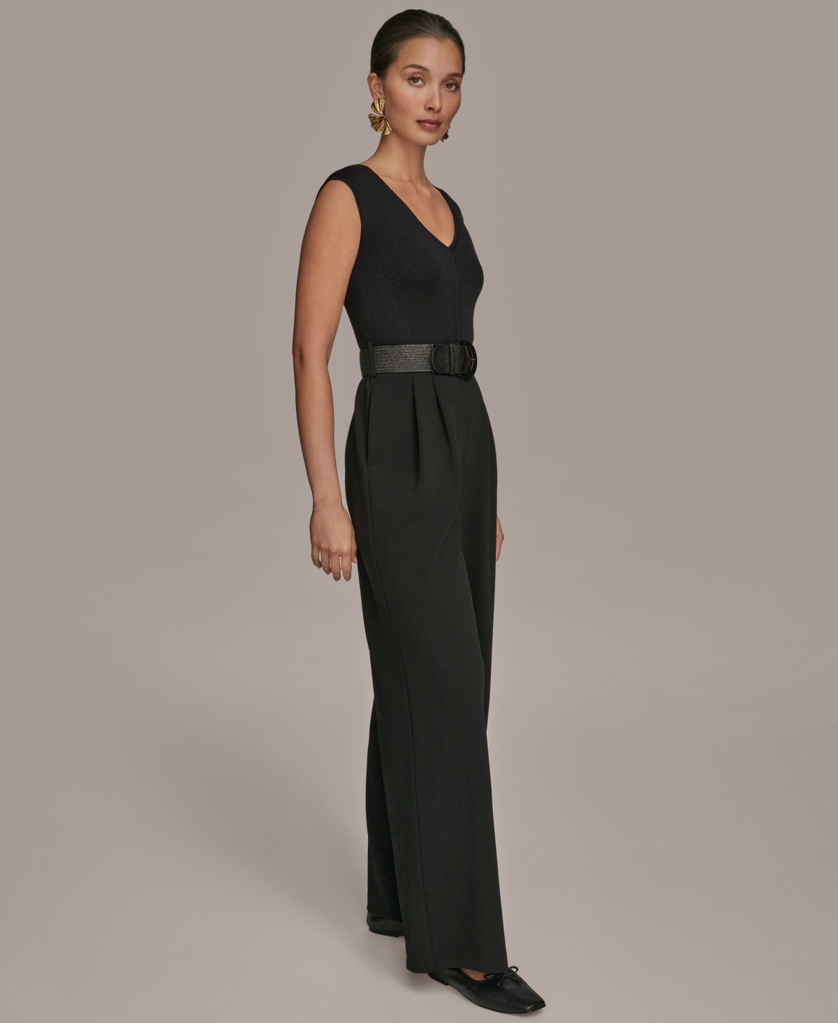 Donna Karan New York Sleeveless Belted Mixed Media Jumpsuit In Black