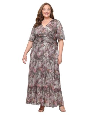 SL Fashions - Plus Size Printed Metallic Surplice Long Dress