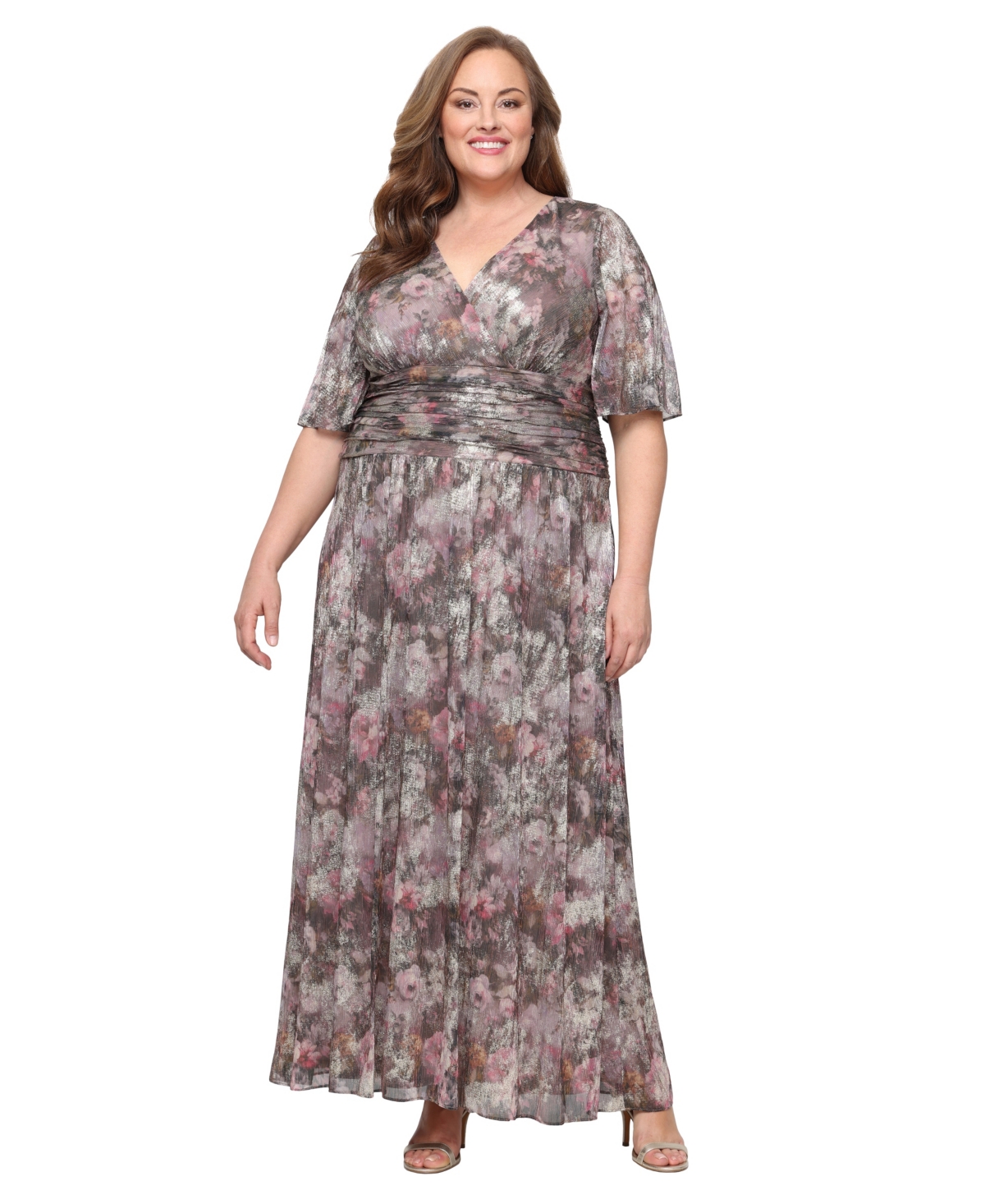 Plus Size Printed Metallic Surplice Long Dress - Taupe Multi