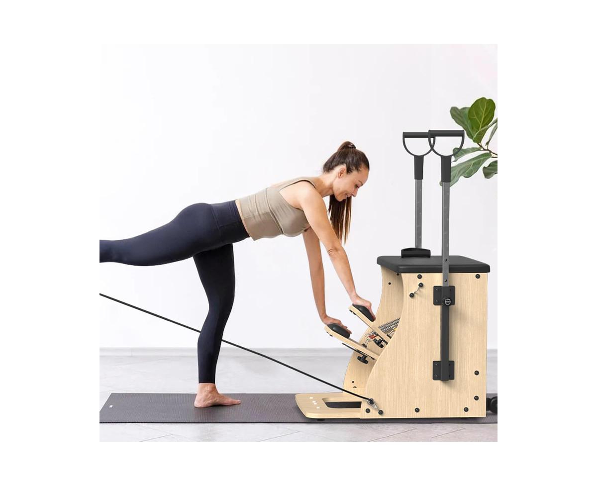 Pilates Combo Chair &#x2013; Oak Frame, Resistance Bands & Split Pedals for Home/Studio - Natural