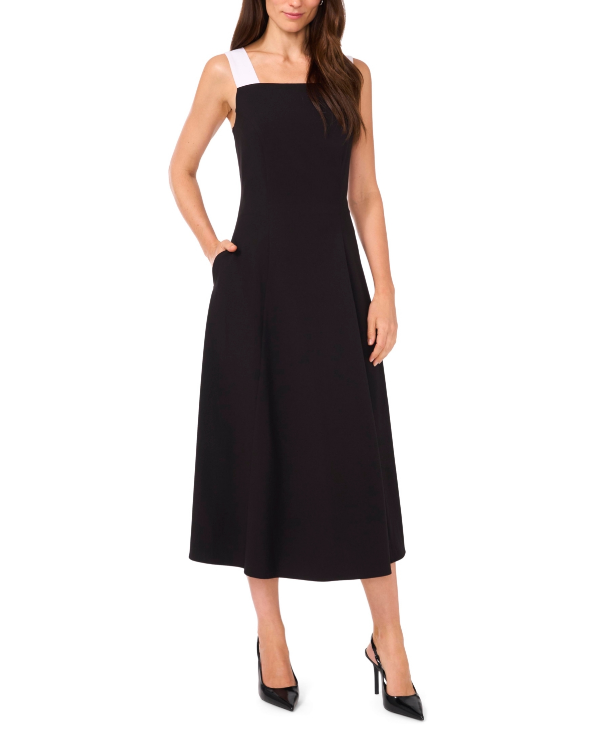 Petites Crepe Colorblocked Sleeveless Midi Dress - Rich Black