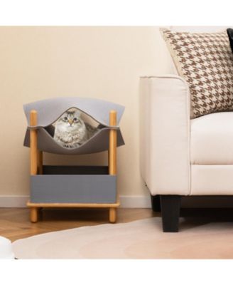 2-Tier Wooden Cat House with Semi-enclosed Condo and Removable Clothes