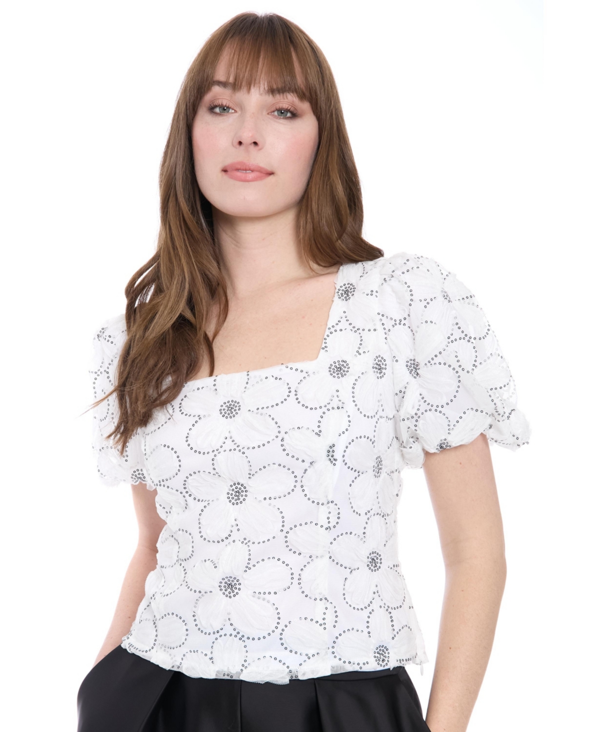 Women's Printed Square-Neck Top - White, Black