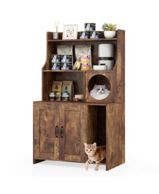 Modern Wooden Industrial Cat Litter Box Enclosure with Storage Shelves