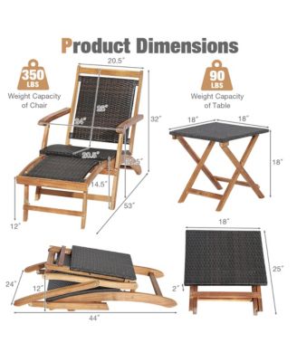 Patio Lounge Chair Set of 3 w/ Side Table Quick Folding Design Ottoman Outdoor