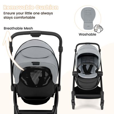 Toddler Foldable Pram Stroller with Reversible Seat Reclining Backrest