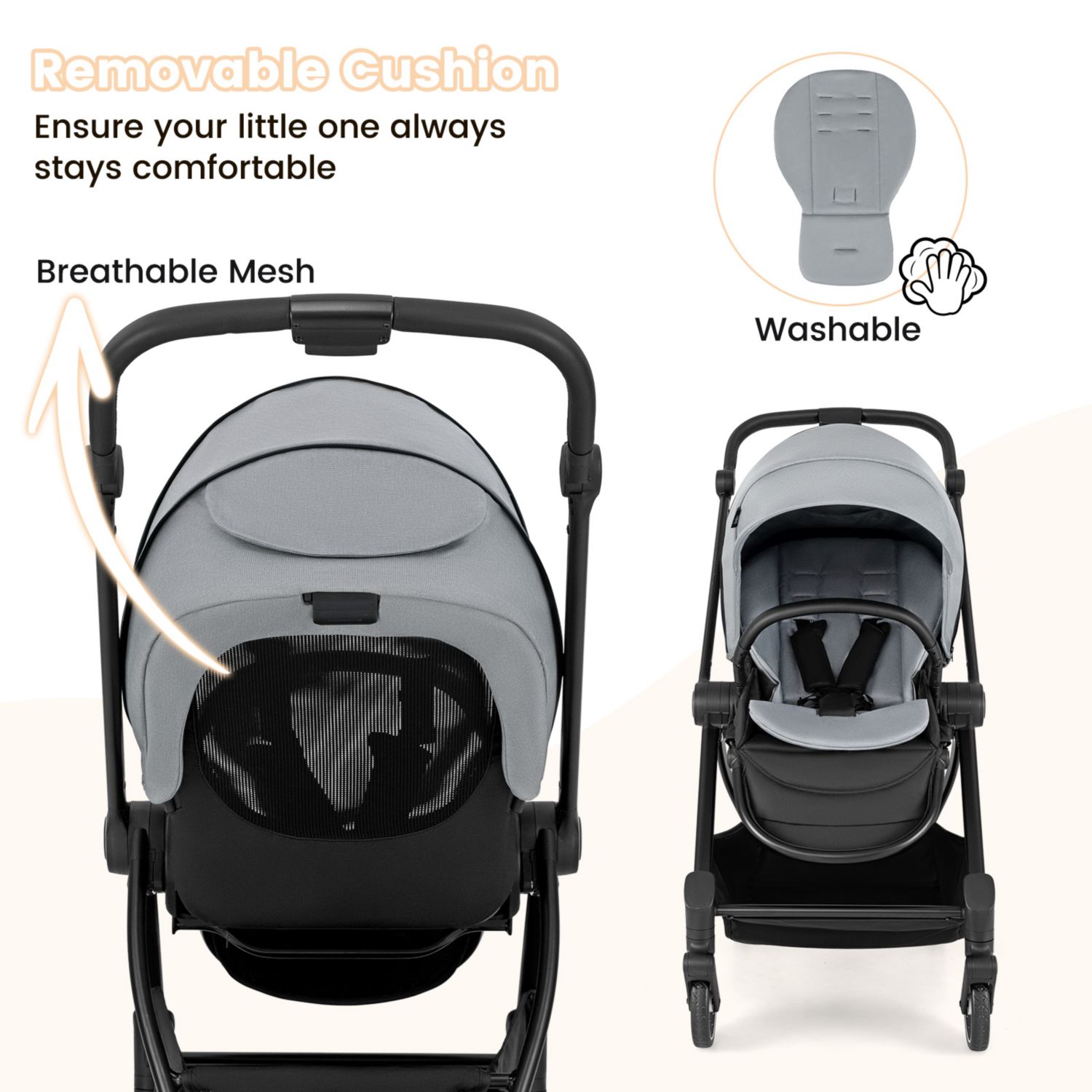 Foldable Infant Pram Stroller with Reversible Seat Reclining Backrest