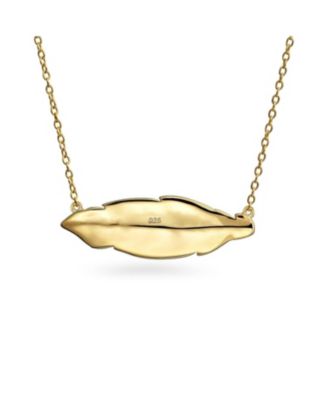 Native American Style Bohemian Boho Sideways Diagonal Feather Leaf Pendant Necklace Gold Plated .925 Sterling Silver