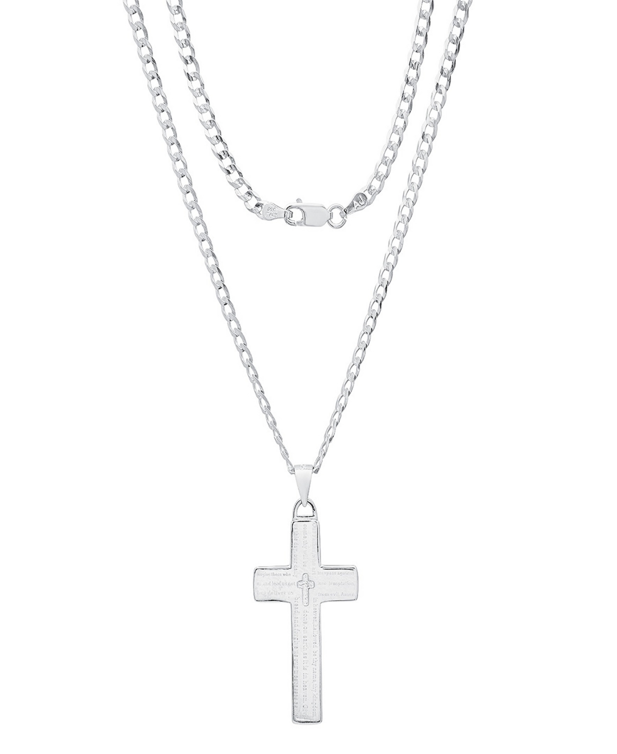 Steeltime Unisex Cuban Superflat Chain And Lord's Prayer Cross Pendant Necklace