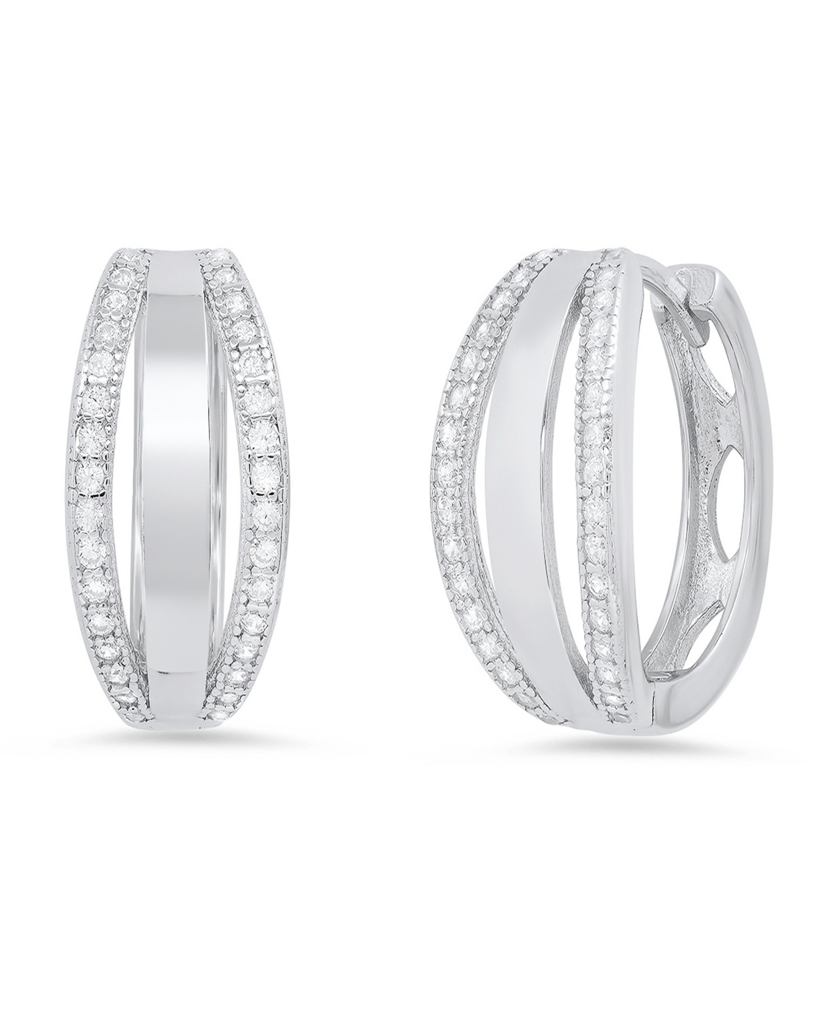 Women's Sterling Silver and Simulated Diamonds Layered Huggie Earrings - Silver