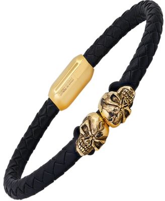 Men’s Black Braided Leather and 18K Gold-Plated Stainless-Steel Skulls Bracelet