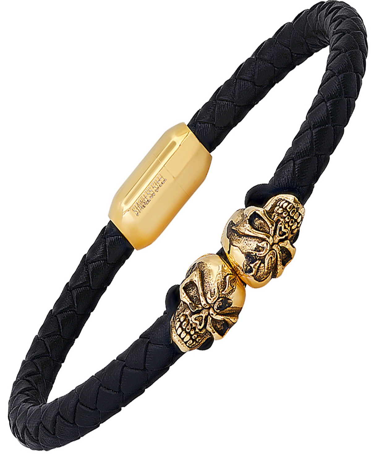 Steeltime Men's Black Braided Leather And 18k Gold-plated Stainless-steel Skulls Bracelet