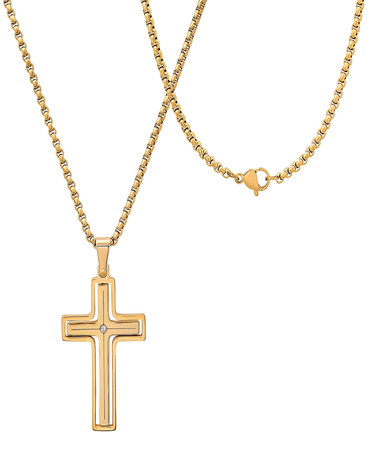 Steeltime Men's 18k Gold Plated And Simulated Diamond Spinning Cross Pendant Necklace