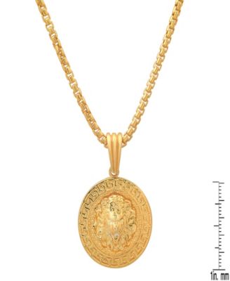 Men's Sterling Silver Lion Head Round with Greek Key Accents Pendant Necklace