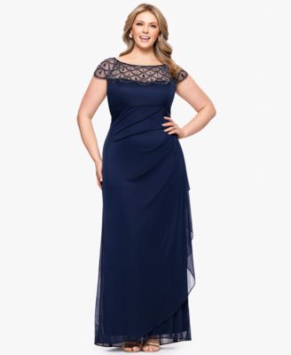 XSCAPE - Plus Size Sheer Boat-Neckline Long Sheath Dress