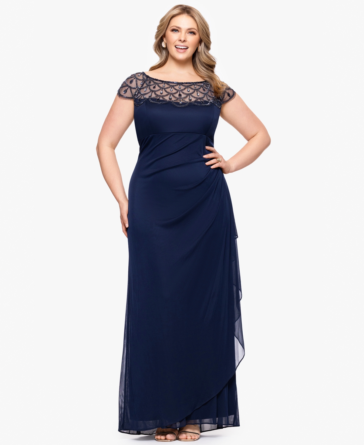 Xscape Plus Size Sheer Boat-neckline Long Sheath Dress