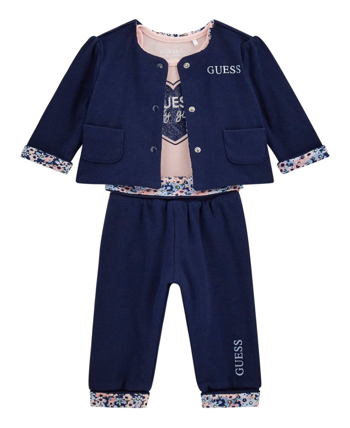 Guess Baby Girls 3-piece Reversible Jacket, Short Sleeve Bodysuit And Reversible Pants Set In Blue