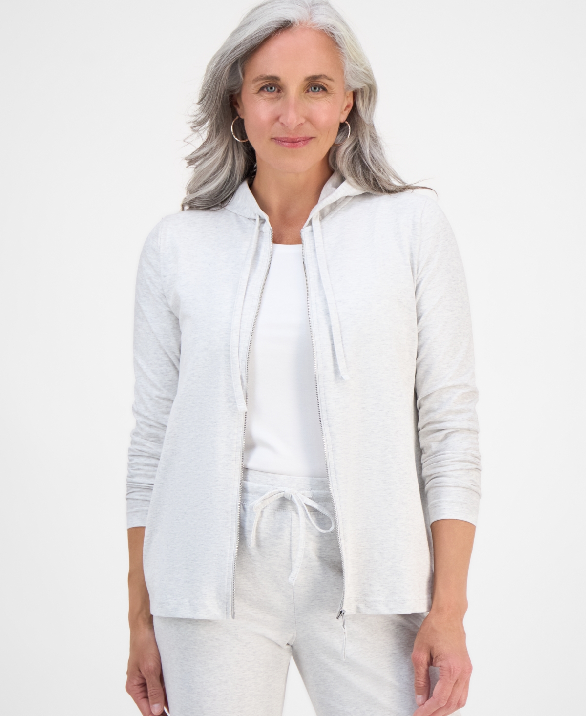 Petite Zip-Front Long-Sleeve Hoodie, Exclusively at Macy's - Silver Hea