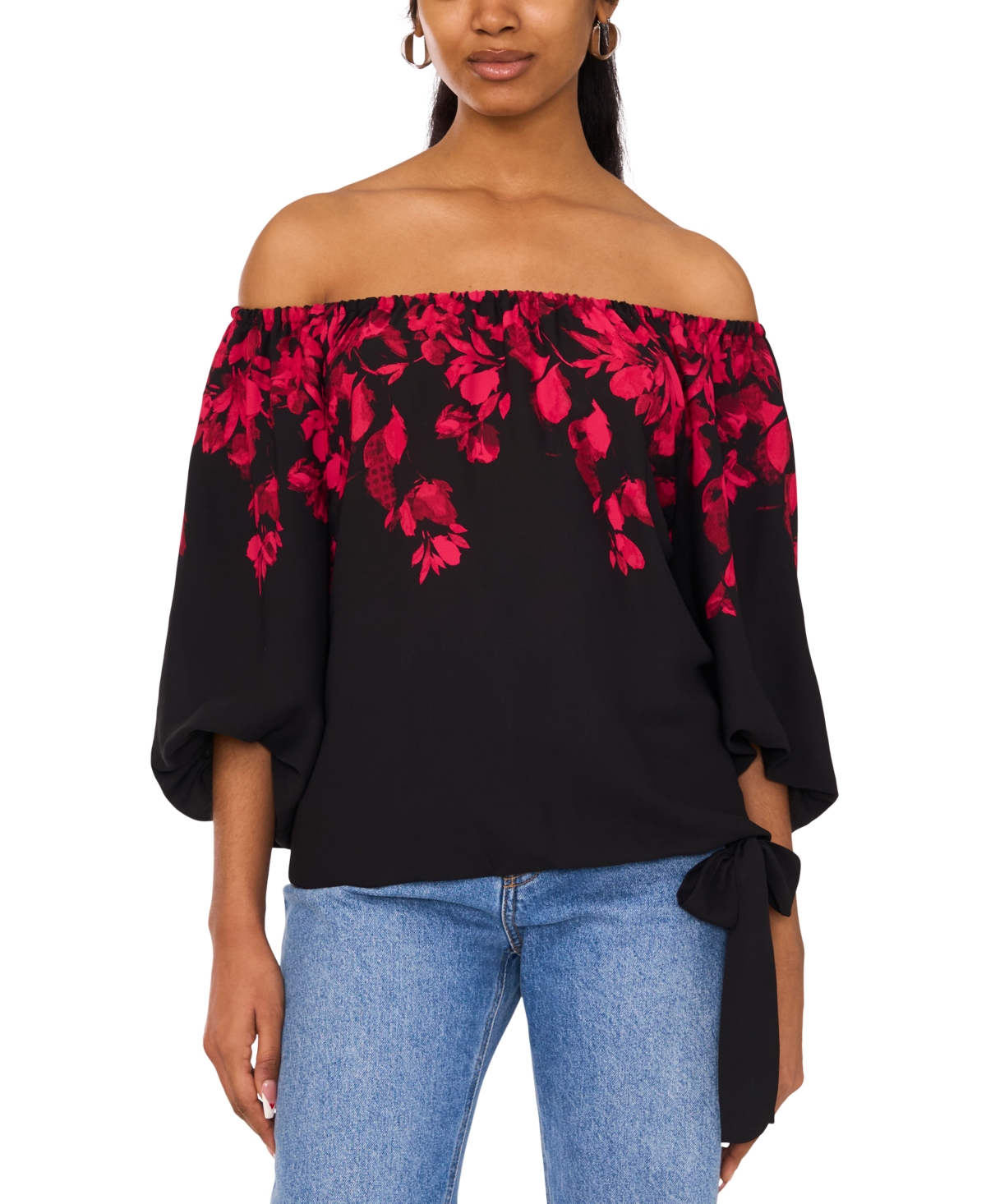 Women's Off-The-Shoulder Floral Tie-Hem Top - Rich Black