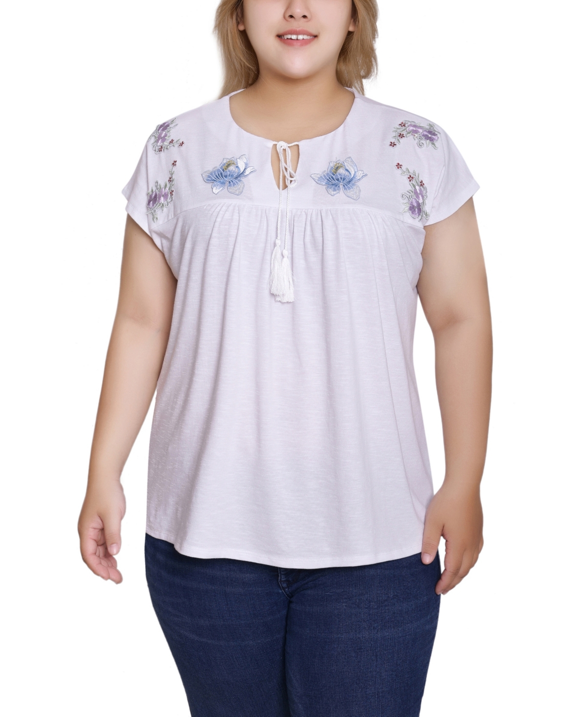 Plus Size Embroidered Yoke Extended Sleeve Top - White