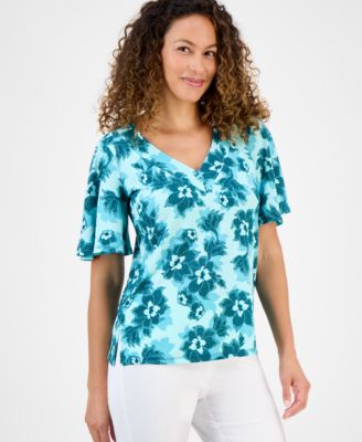 JM Collection - Petite Becca Blossom V-Neck Crepe Top