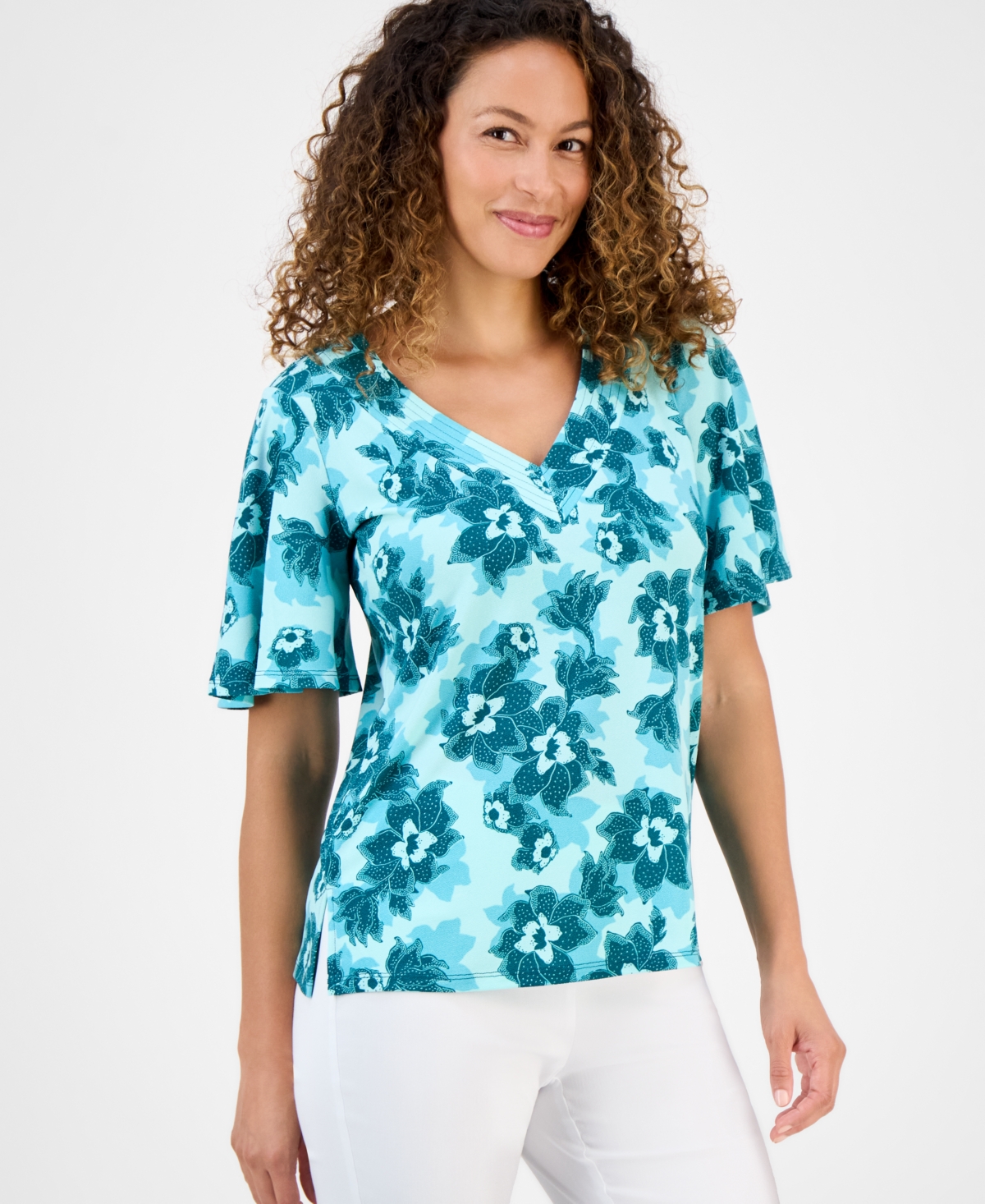 Petite Blossom V-Neck Crepe Top, Exclusively at Macy's - Spruced Up Combo