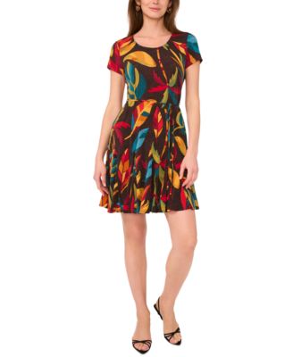 Women's Tropical-Print Short-Sleeve Tie-Waist Skirt Dress