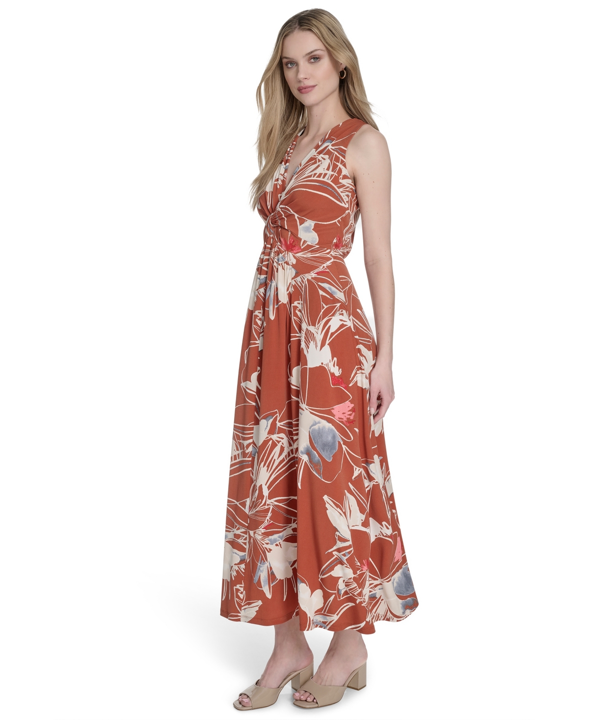 Calvin Klein Petite Sleeveless V-neck A-line Dress In Brown
