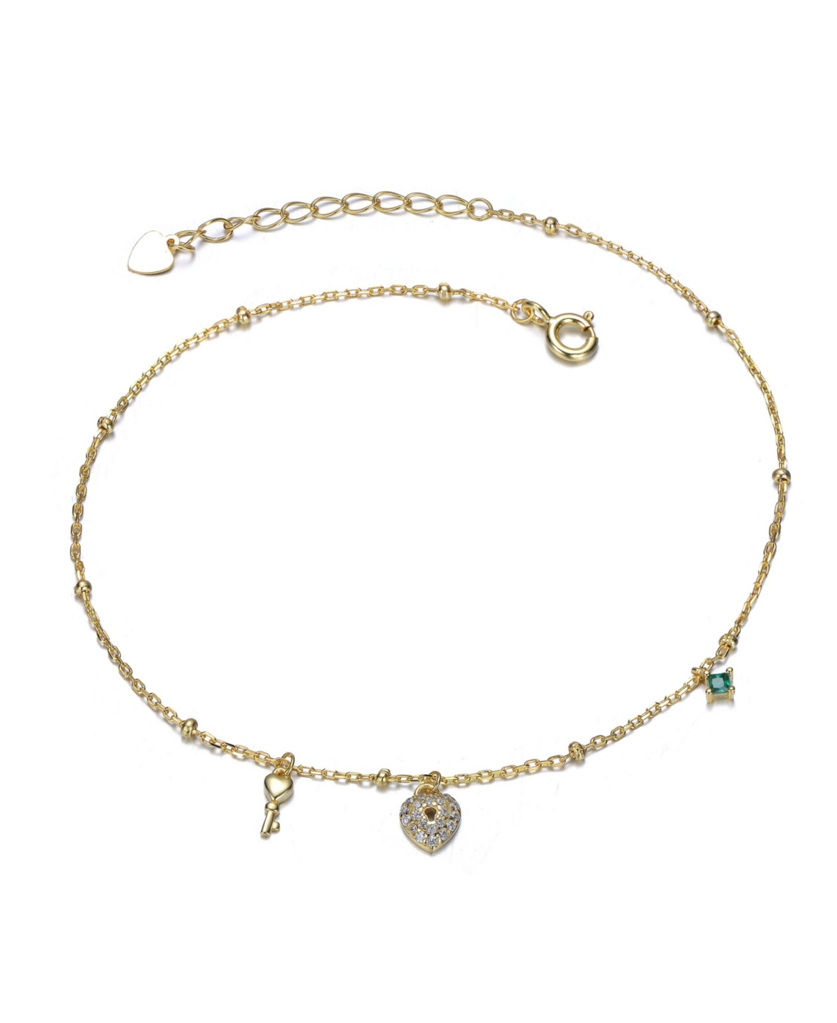 14K Gold Plated with Green Cubic Zirconia Heart and Key Charm Anklet - Green