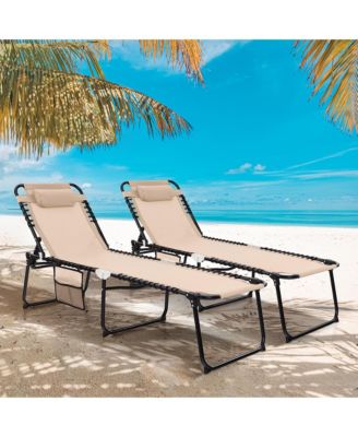 2 PCS Patio Folding Chaise Lounge Portable Lay Flat Reclining Chair w/ 4-Level Backrest Side Pocket